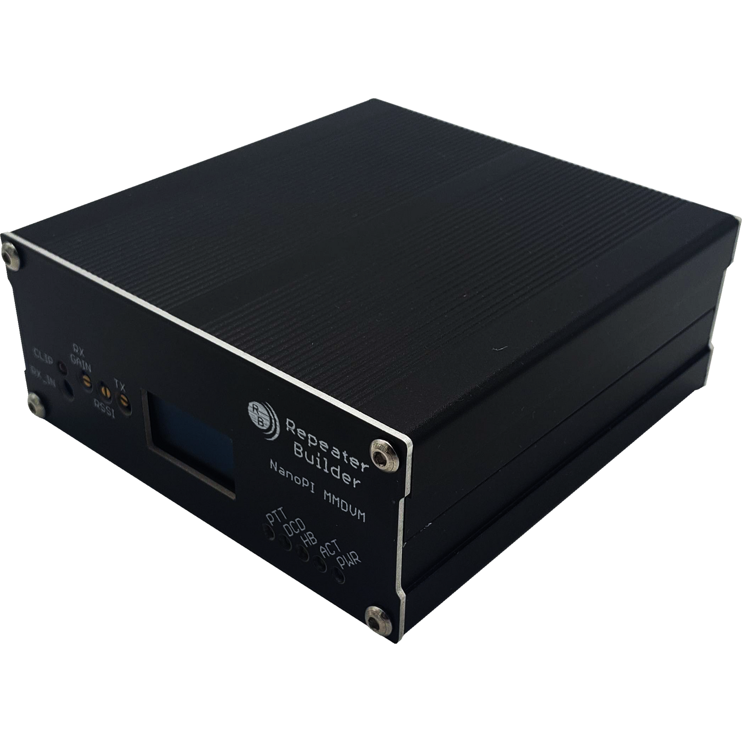 The black metal electronic device labeled "MMDVM Assembly for BCR Repeaters" boasts a small screen, status indicators, ports, and buttons on the front panel. This rectangular unit features silver screws at the corners and ribbed sides for heat dissipation, powered by an Allwinner H3 CPU.