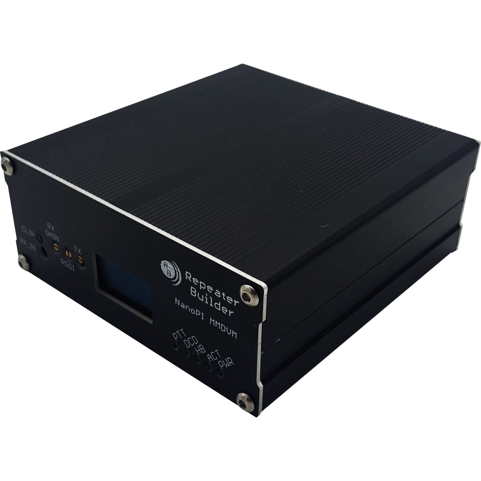 The black metal electronic device labeled "MMDVM Assembly for BCR Repeaters" boasts a small screen, status indicators, ports, and buttons on the front panel. This rectangular unit features silver screws at the corners and ribbed sides for heat dissipation, powered by an Allwinner H3 CPU.