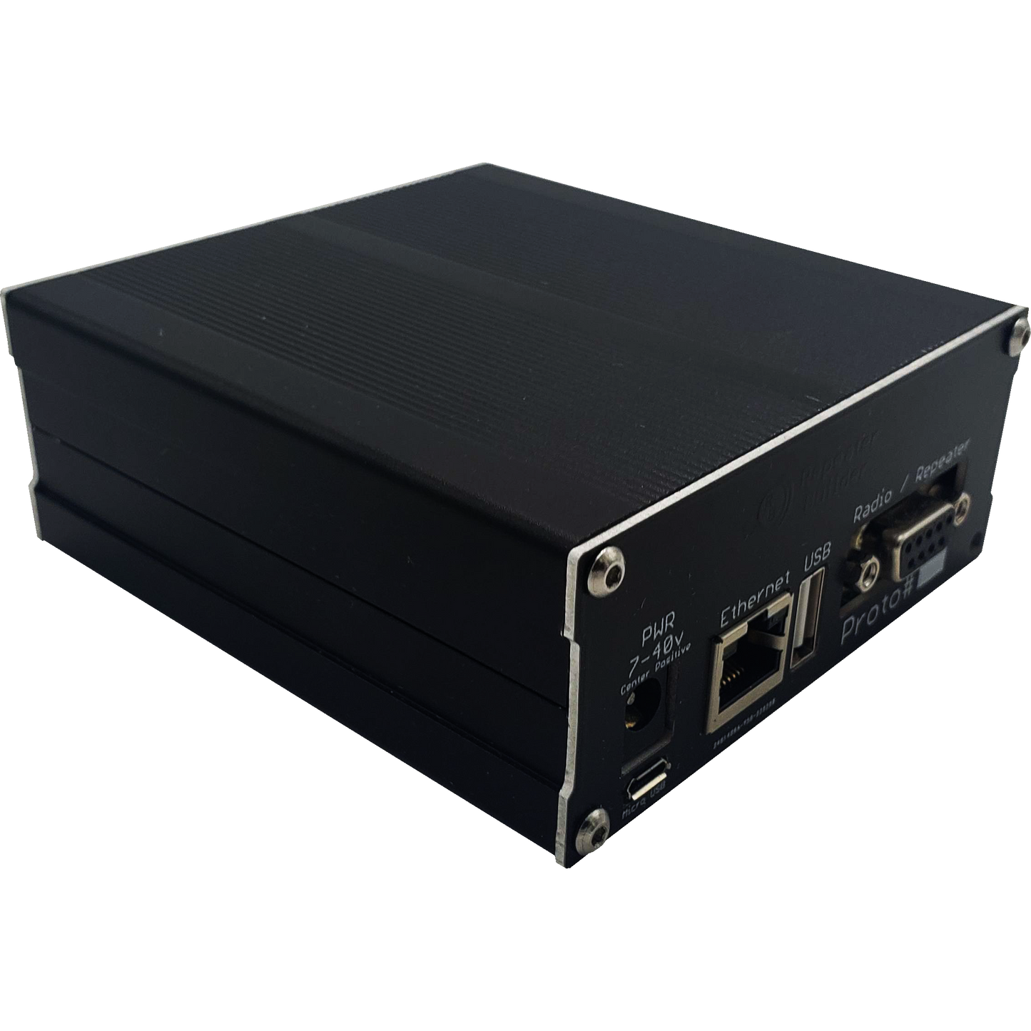 A black rectangular electronic device with ports labeled "Ethernet," "USB," and "Radio-Telco" on the front panel. The device, known as the MMDVM Assembly for BCR Repeaters, has ribbed sides and a compact design. The label "Proton" is partially visible on the front.