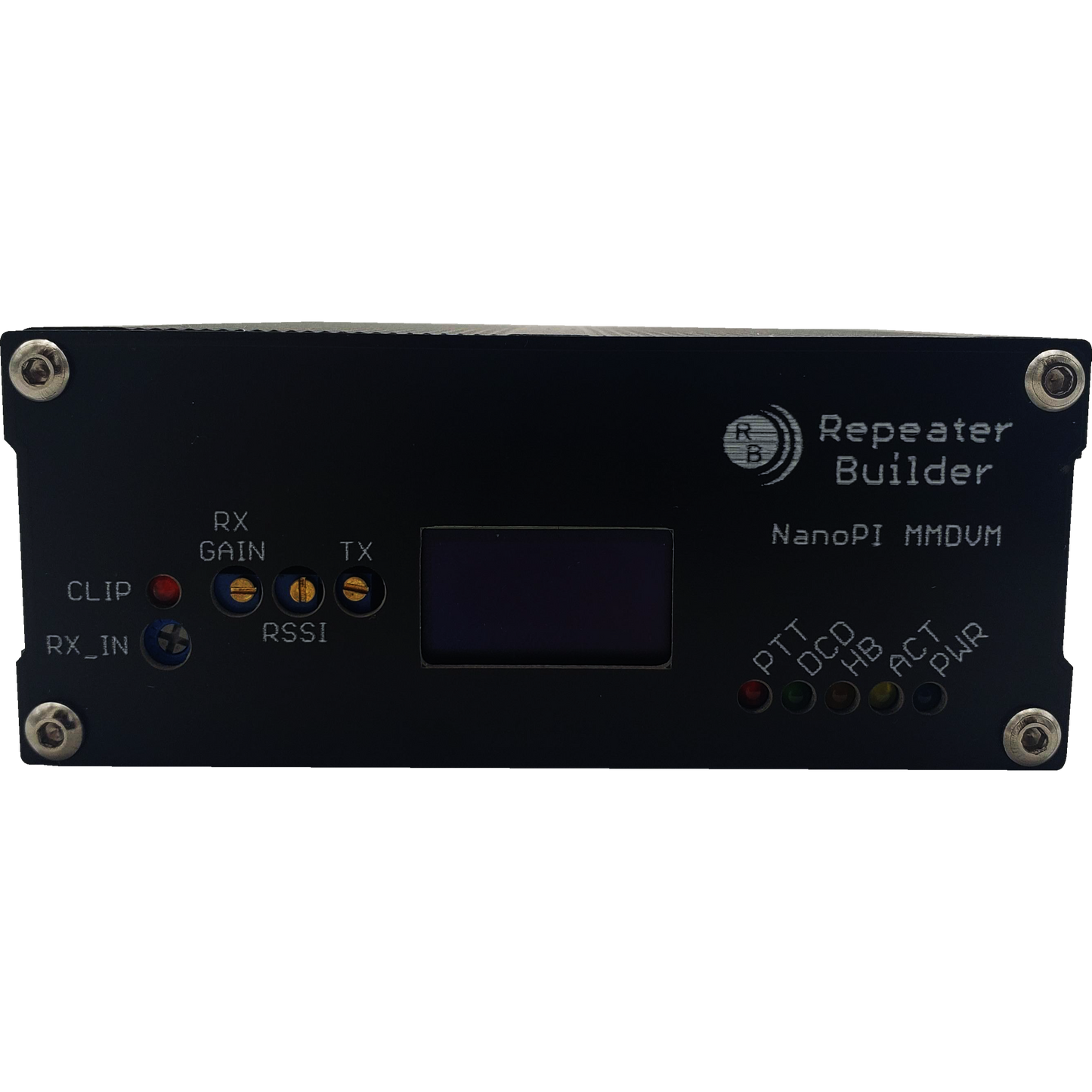 The MMDVM Assembly for BCR Repeaters is a black electronic device featuring various labels and colored indicator lights. The labels include "Repeater Builder," "NanoPi Neo," "Pi-Star," and terms like "RX GAIN," "TX," "RSSI," and "PTT." Equipped with an Allwinner H3 CPU, this device has screws at its corners along with multiple ports and indicators.
