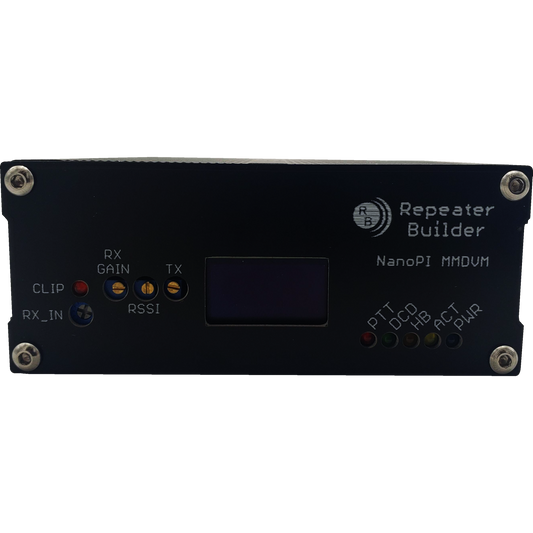The MMDVM Assembly for BCR Repeaters is a black electronic device featuring various labels and colored indicator lights. The labels include "Repeater Builder," "NanoPi Neo," "Pi-Star," and terms like "RX GAIN," "TX," "RSSI," and "PTT." Equipped with an Allwinner H3 CPU, this device has screws at its corners along with multiple ports and indicators.