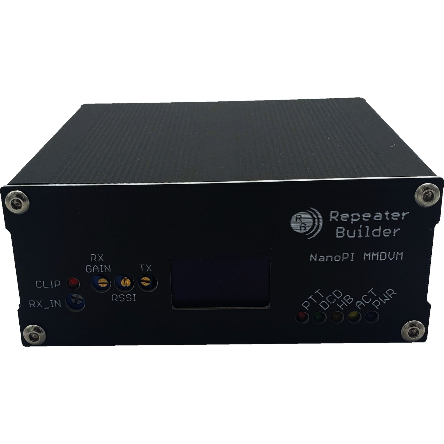 A compact, black electronic device with a screen in the center and several labeled LED indicators, including "Repeater Builder," "NanoPi MMDVM," and terms like "RX GAIN," "TX," and "RSSI." Powered by an Allwinner H3 CPU, it comes securely assembled with four corner screws. This is the MMDVM Assembly for BCR Repeaters.