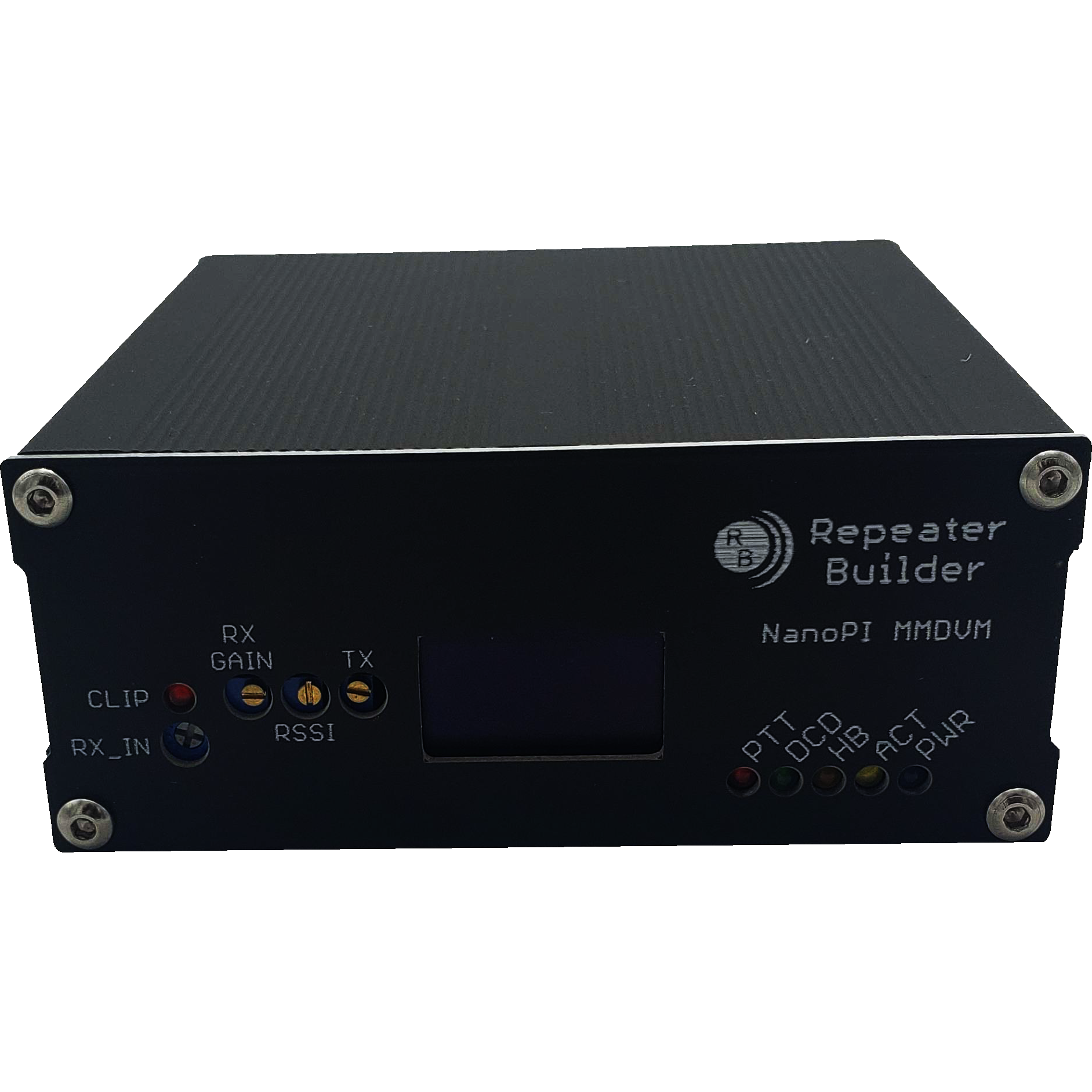 A compact, black electronic device with a screen in the center and several labeled LED indicators, including "Repeater Builder," "NanoPi MMDVM," and terms like "RX GAIN," "TX," and "RSSI." Powered by an Allwinner H3 CPU, it comes securely assembled with four corner screws. This is the MMDVM Assembly for BCR Repeaters.