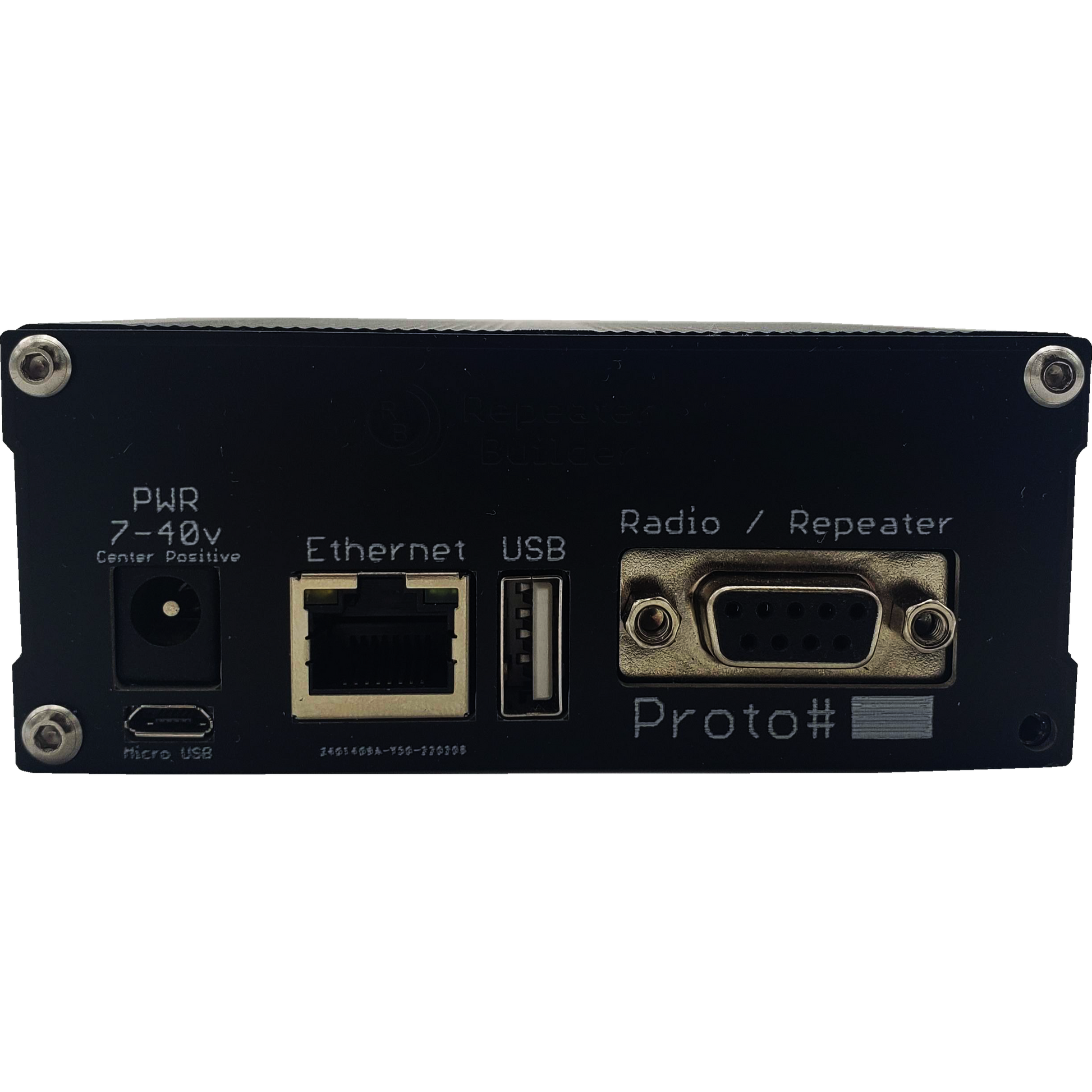 Rear view of a black MMDVM Assembly for BCR Repeaters, powered by an Allwinner H3 CPU, showing multiple ports and labels. From left to right: Micro USB, power input labeled "PWR 7-40V Center Positive," Ethernet port, USB port, and a Radio/Repeater port. The bottom right corner has text including "Proto#".