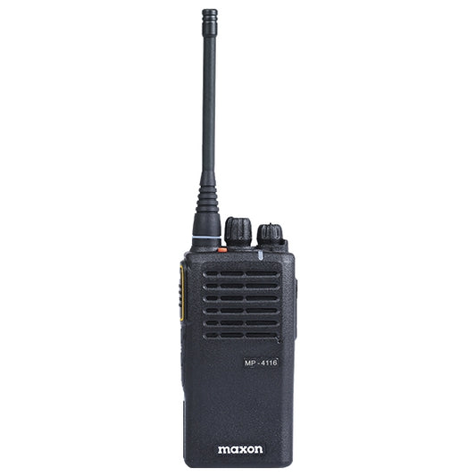 The Maxon MP-4116 is a black handheld VHF 5W portable radio featuring an antenna, top knobs and buttons, ventilation slots on the front, the “maxon” branding, and support for 16 channels with CTCSS/DCS for secure communication.