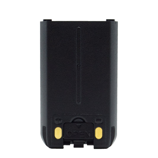 The BridgeCom BCS-MV65 MURS Radio 2000mAh Li-ion Battery is a black rectangular rechargeable battery pack featuring two gold contact points at the bottom and a small latch labeled "OPEN." The replacement battery has a textured surface and a narrow vertical line down the middle.