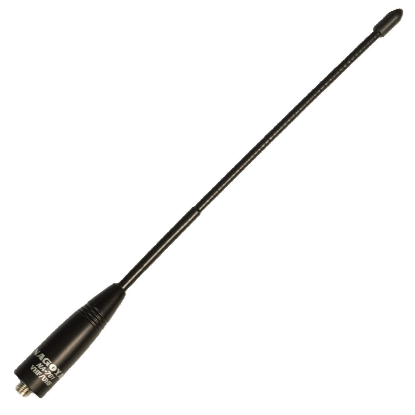A black antenna with a long, slender body and a screw base connector at the bottom. Slightly flexible and designed for enhanced signal reception, the Nagoya NA-771 fits perfectly within your Handheld Accessories Kit. Text on the base reads "NAGOYA NA-771.