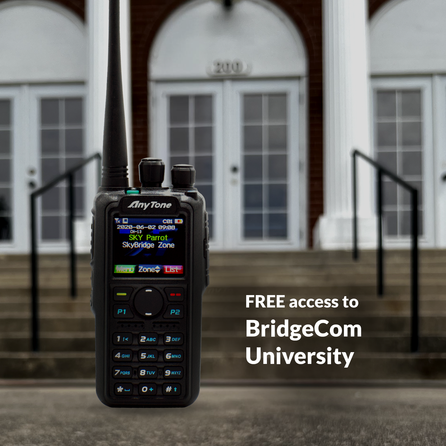 The AnyTone AT-D878UVII Plus is shown on-screen in front of a building with stairs and white columns. Text next to the dual band DMR/Analog handheld reads, "FREE $97 Training Course!.