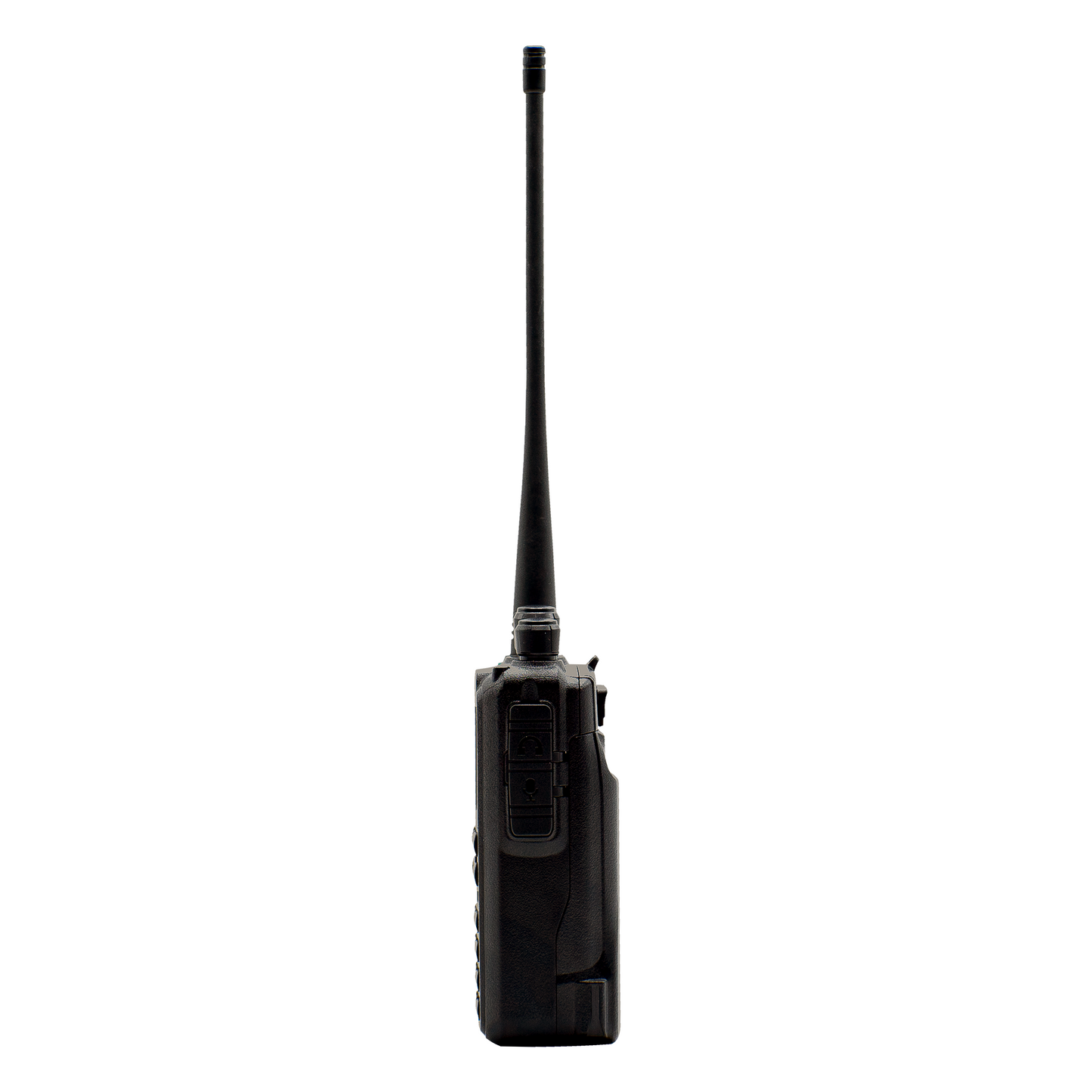 A black AnyTone AT-D878UVII Plus DMR handheld radio features a long antenna, viewed from the side on a white background. Includes a free $97 training course!.