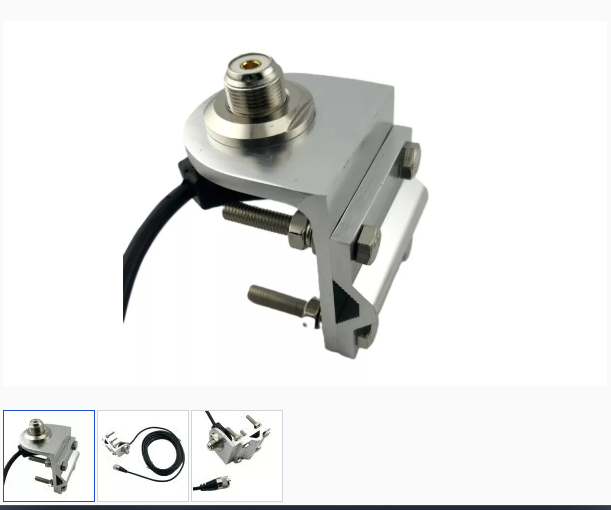 Close-up of the Intellitron AA-1614S Mirror/Rack/Pipe Antenna Mount with SO-239, featuring a metal V-clamp design with bolts and coaxial cable, ideal for securely mounting mobile antennas to vehicles or structures.