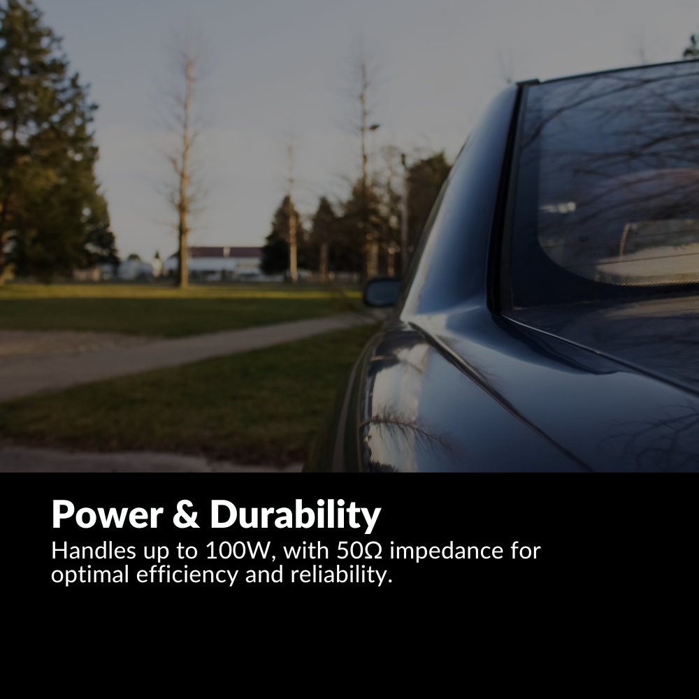 A shiny black car parked by a grassy area. Text: "Tri-band Antenna for AT-D578UV Series—designed for power and durability, supports up to 100W, with 50Ω impedance for optimal efficiency and reliability.