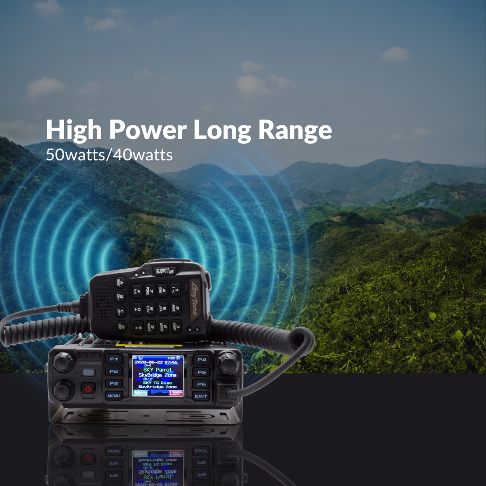 Amidst lush green hills and a clear blue sky, the AnyTone 578UVIII PLUS Tri-Band Mobile Radio with a free $97 training course demonstrates its high-power capabilities of 50 watts/40 watts long range. Blue concentric circles emanate, signifying robust DMR and analog transmission.