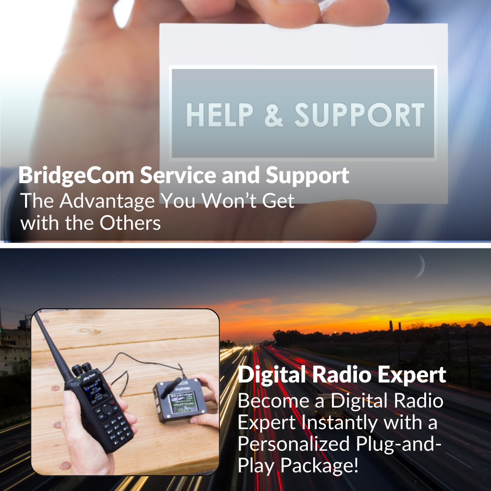 Top: A hand holds a card with "HELP & SUPPORT." Bottom: A person uses ham radio gear with a walkie-talkie, city lights behind. Text spotlights the Ultimate Hamshack Pack and $291 in FREE training—highlighting BridgeCom’s digital radio expertise.