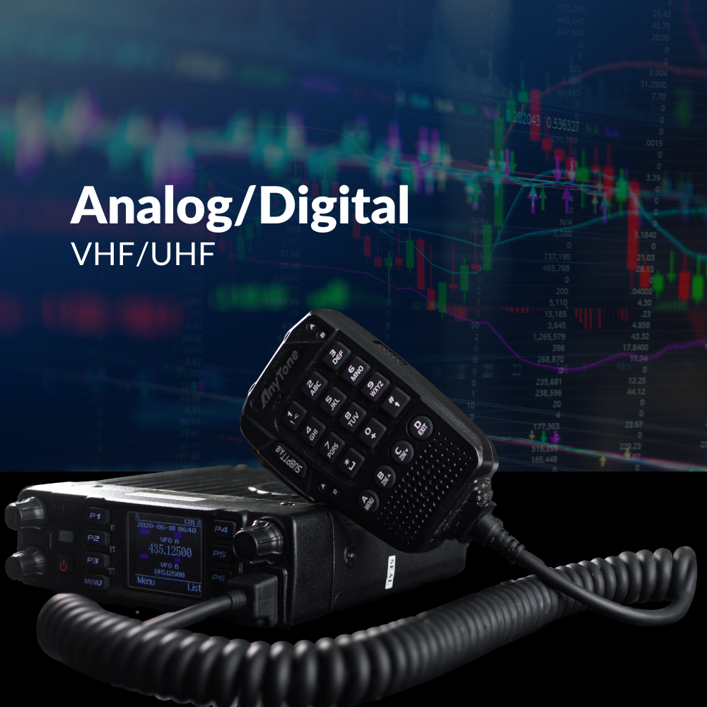 The AnyTone 578UVIII PLUS Tri-Band Mobile Radio, featuring a coiled cord and microphone, is depicted alongside graphs on a digital screen. The "Analog/Digital VHF/UHF" text showcases its DMR and analog communication features, plus a $97 Training Course included for free!.