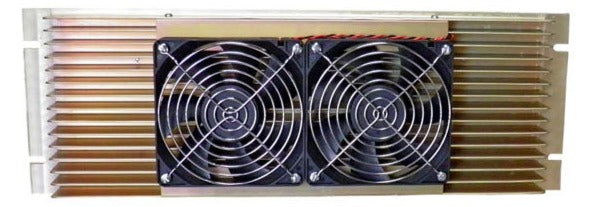 The image displays the Henry Radio UHF (70cm) Power Amplifier, featuring a rectangular cooling unit with two black fans enclosed in metal grilles placed side by side. The surrounding structure consists of finned aluminum heat sink panels for optimal heat dissipation. Additionally, red and black wires are visible above the fans.