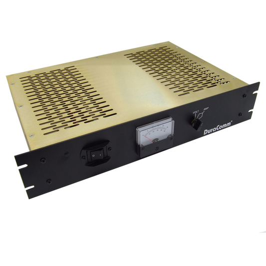 The RLP-4012 power supply, sporting a black front panel, includes an analog metered display voltage meter. It features ventilation grilles on the top, a power switch on the left side, and a voltage adjustment knob on the right. The unit also comes with mounting brackets for rack installation and supports auto-ranging input voltage.