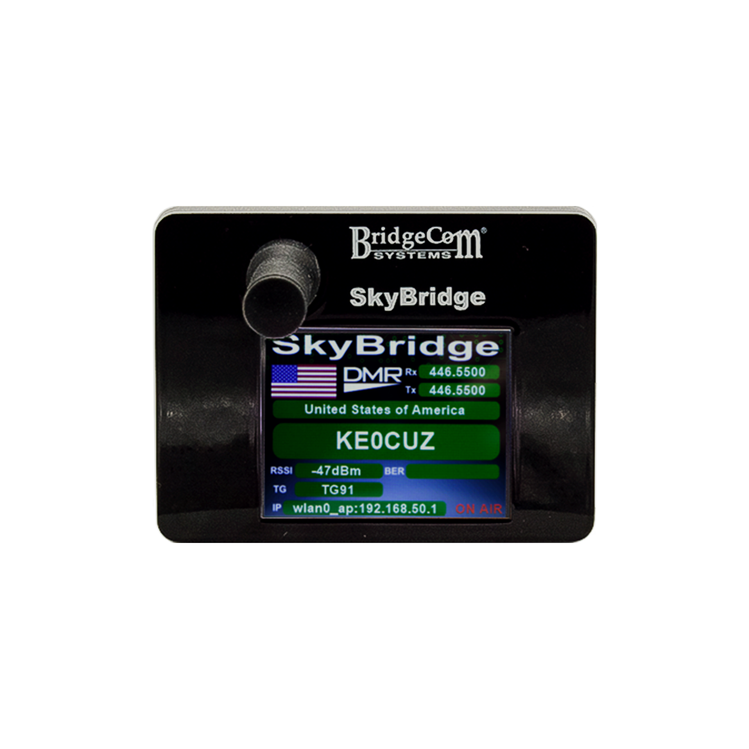 A SkyBridge MAX Hotspot with a display shows DMR info, callsign KEO3CUZ, signal strength, channel TG91, and network status. The device features a black casing and a rotary knob on the left.