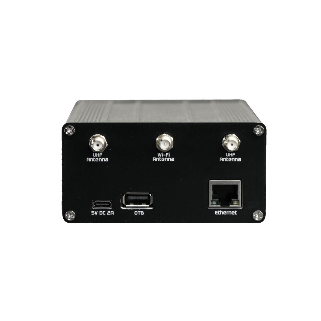 The BlueSky - Amateur Private DMR UHF Network Duplex Hotspot is a sleek black device with three labeled antenna ports (UHF, Wi-Fi, UHF), USB-C power input, USB and Ethernet ports—perfect for DMR or private communication networks.