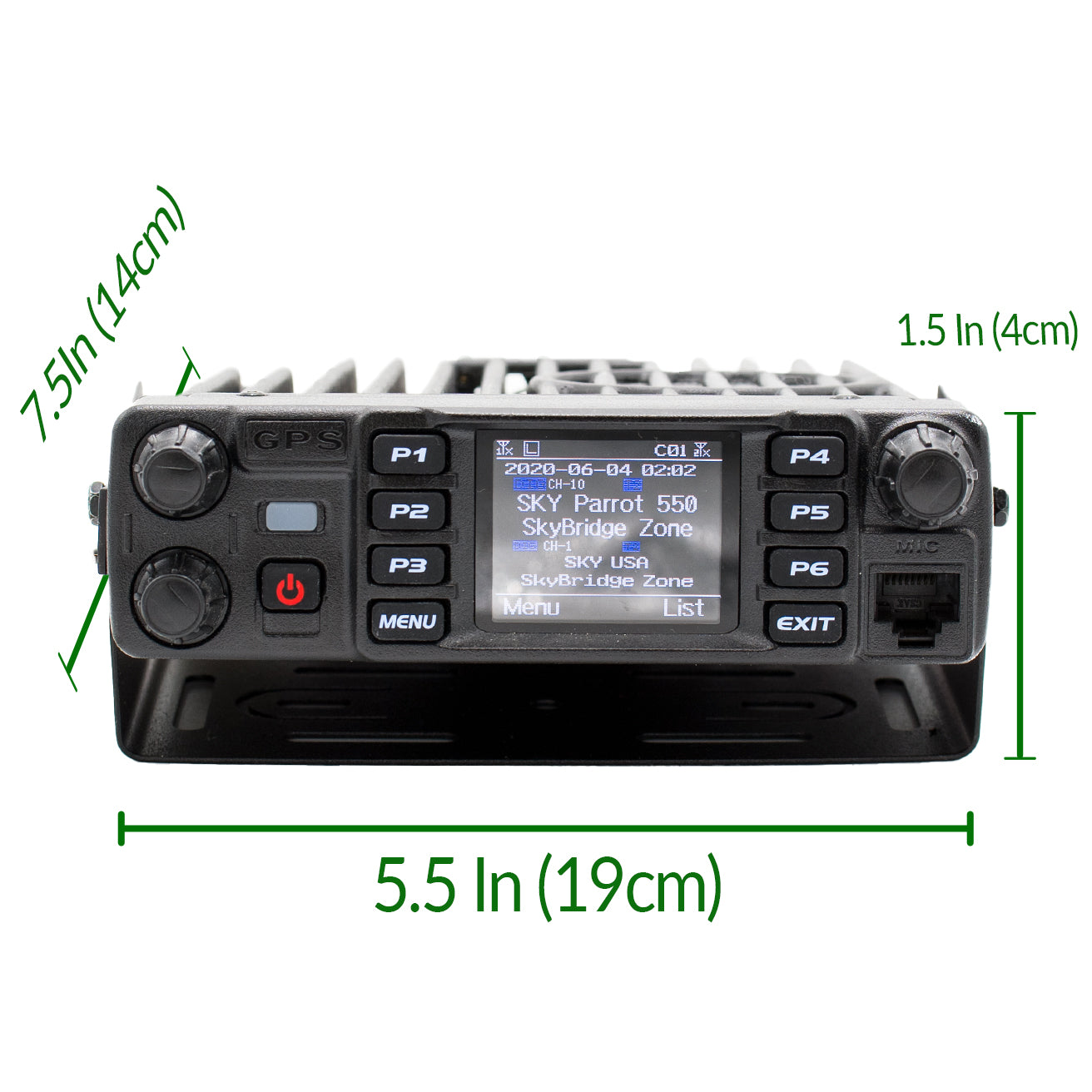 Front view of the AT-D578UVIII Plus Commercial Mobile Radio (GPS+BT) with a digital display and various buttons labeled P1 to P6, Menu, List, Exit, and GPS. Measurements are shown around the device: 7.5 inches (19 cm) wide, 7.5 inches (14 cm) tall, and 1.5 inches (4 cm) deep — ideal for DMR Repeater Roaming applications.