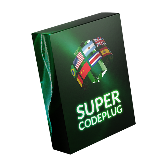 A green software box labeled "USA & International Hotspot Super Codeplug" displays a glowing title and an abstract globe wrapped with multiple country flags, emphasizing worldwide compatibility and seamless SkyBridge integration.