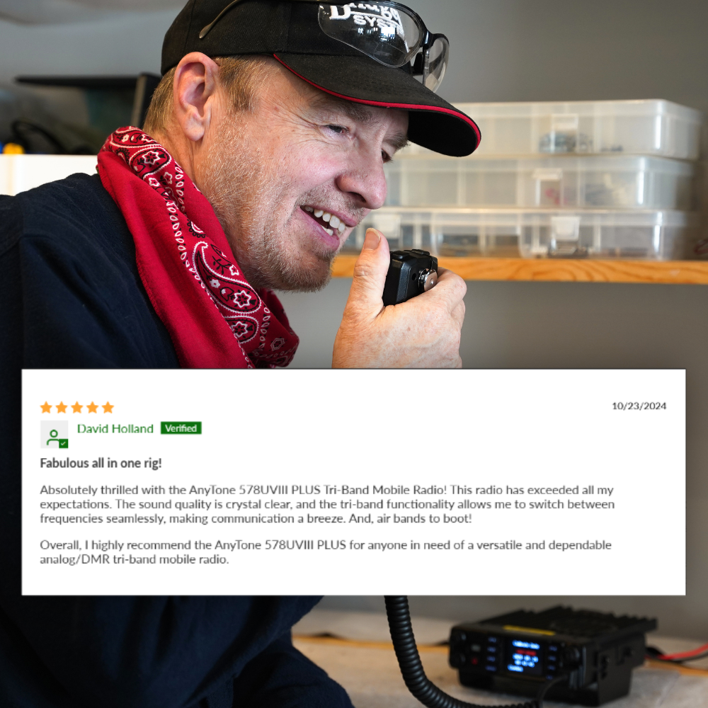 In a workshop, an individual with a cap and red bandana operates the AnyTone 578UVIII PLUS Tri-Band Mobile Radio, which comes with a free $97 training course. A review highlights its exceptional sound quality and versatile DMR and analog capabilities, recommending it for reliable communication.