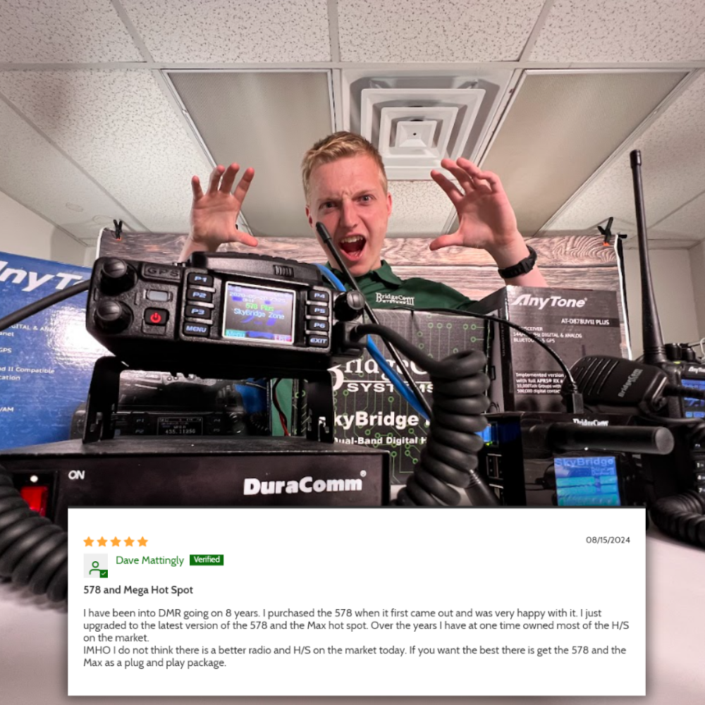 A man gestures over radio gear in a room. In front are communication devices, including a DuraComm unit and SkyBridge MAX. Overlaid is a review for the Mobile Plug and Play Package: AnyTone AT-D578UVIII PLUS with SkyBridge MAX Hotspot, praising its performance.