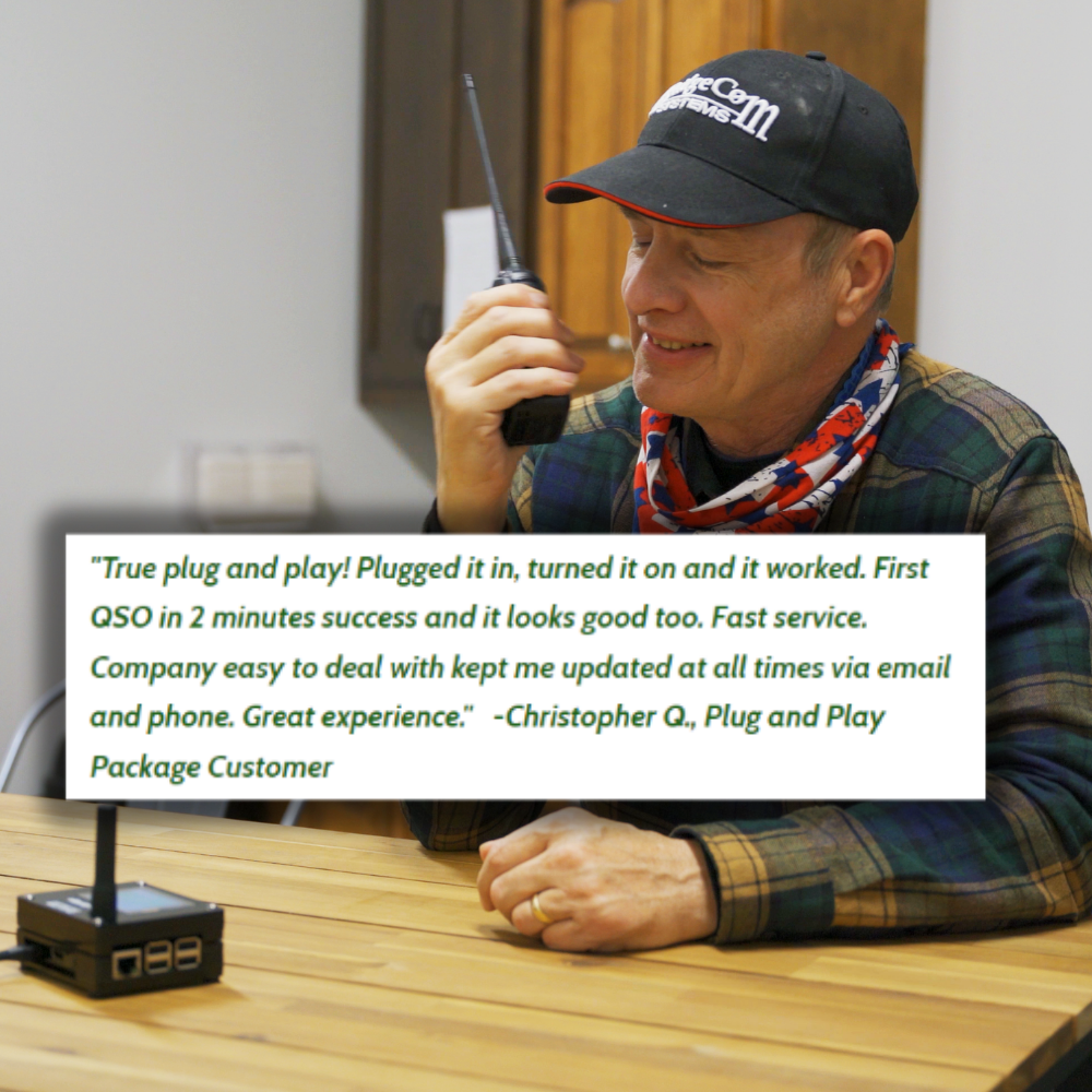 A smiling man in a cap and scarf sits at a wooden table, holding an AnyTone 878UVII Plus radio. Overlaid on the image is a customer testimonial about the easy SkyBridge Max Webinar Plug and Play Package experience.