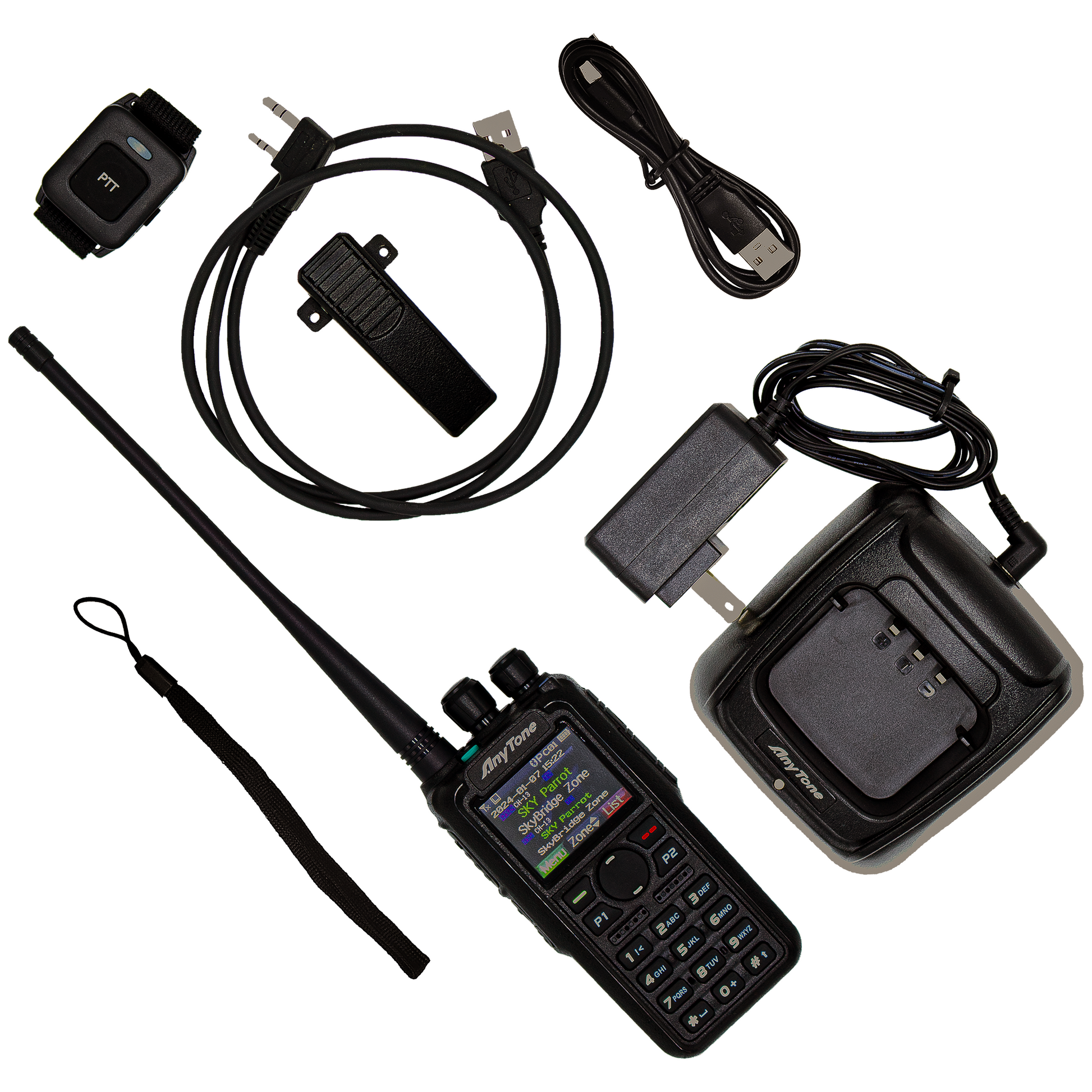 The AnyTone AT-D878UVII Plus, complete with a free $97 training course, is a versatile DMR/Analog dual band handheld radio. It includes a long-antenna radio, charging cradle, power adapter, USB cable, wrist strap, clip, and remote speaker microphone for enhanced communication.
