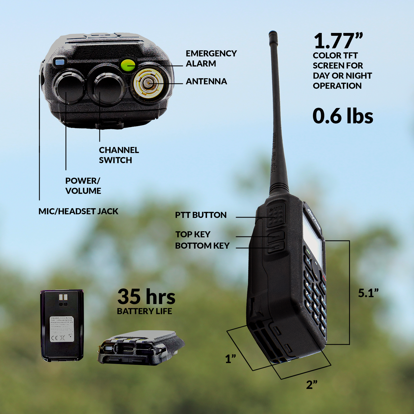 Image of the AnyTone AT-D878UVII Plus handheld two-way radio with labeled features. This dual band DMR/Analog handheld has a 1.77" color screen, weighs 0.6 lbs, and measures 5.1"x1"x2". Includes channel switch, power/volume, antenna, mic/headset jack, PTT button, emergency alarm. Comes with FREE $97 Training Course!.