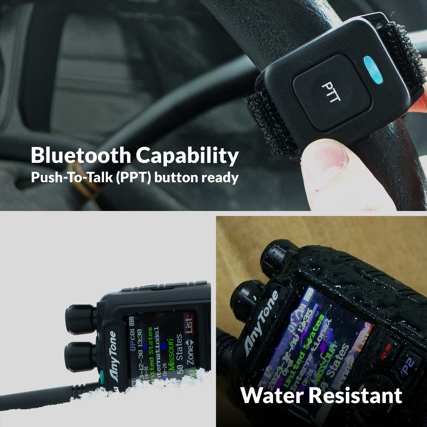 A collage showing a Bluetooth push-to-talk button on a steering wheel, and the water-resistant AnyTone AT-D878UVII Plus dual band DMR/Analog handheld radio with buttons and screen text. Get the AnyTone AT-D878UVII Plus with a free $97 training course!.