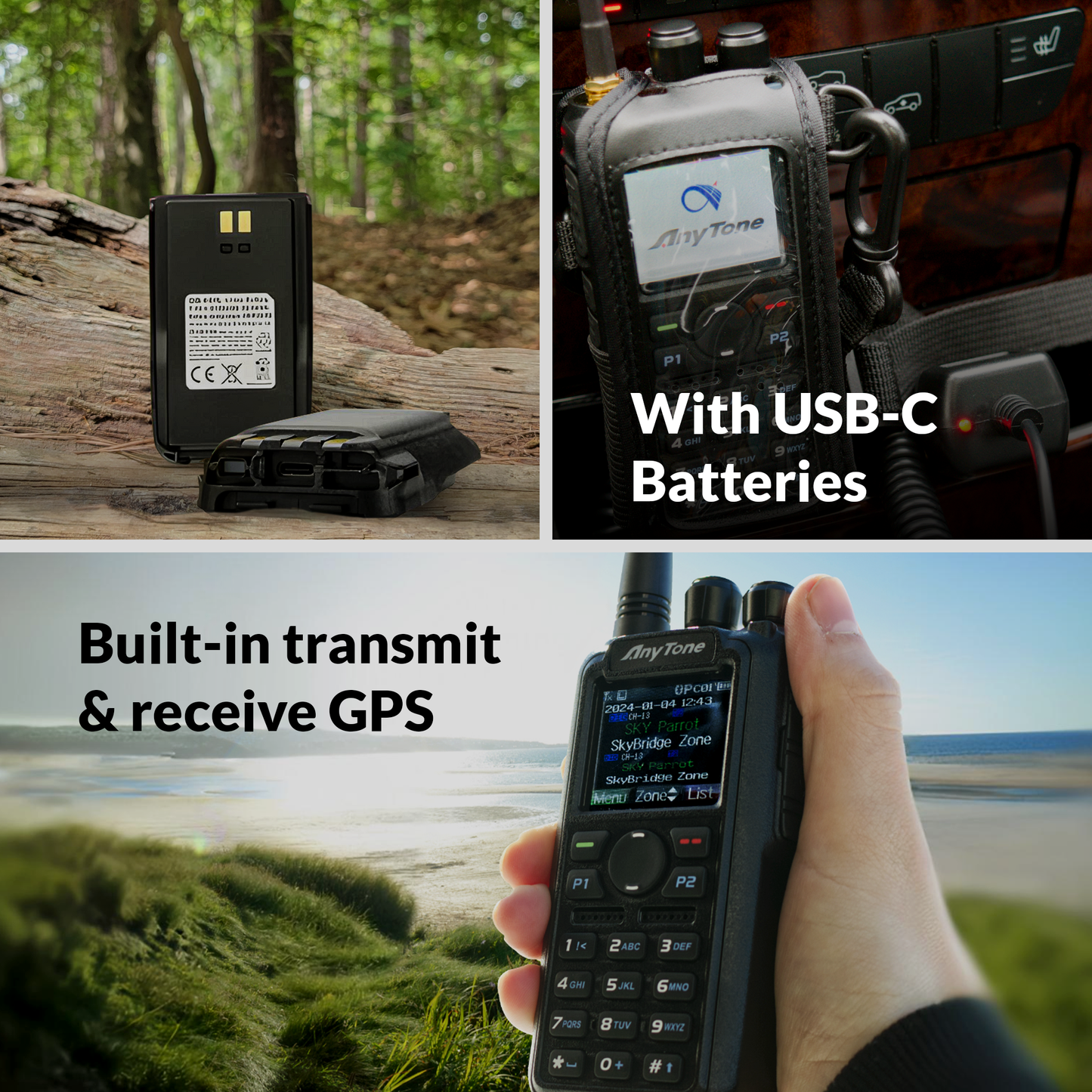 Collage of three images: Top left with a USB-C battery pack outdoors; top right showing a device connected via USB-C. Bottom image features an AnyTone AT-D878UVII Plus with $97 Training Course FREE, a dual band DMR/Analog radio with GPS, against a scenic coastal backdrop.