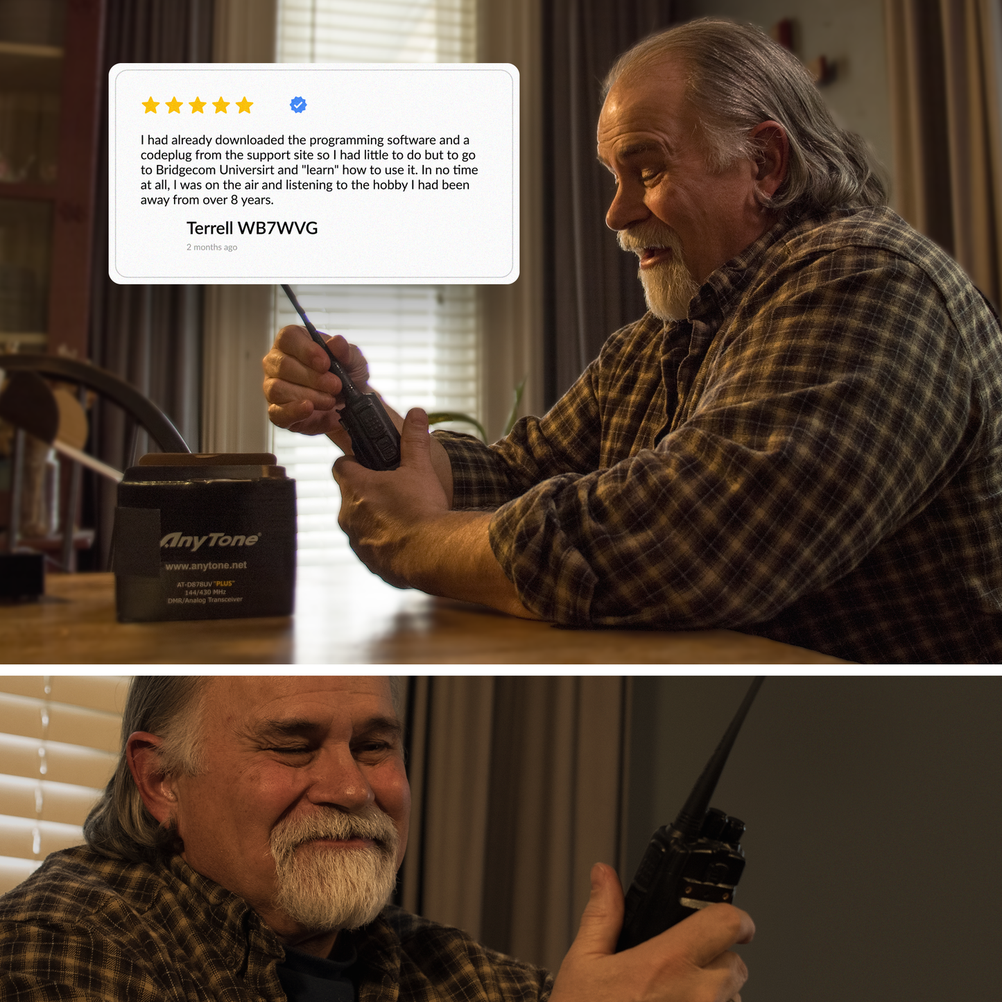 An older man smiles while using a dual band DMR/Analog radio at a table with its box. Above, Terrell WB7VWG's 5-star review praises the AnyTone AT-D878UVII Plus, including a $97 training course, for rekindling his longtime hobby interest after years away.