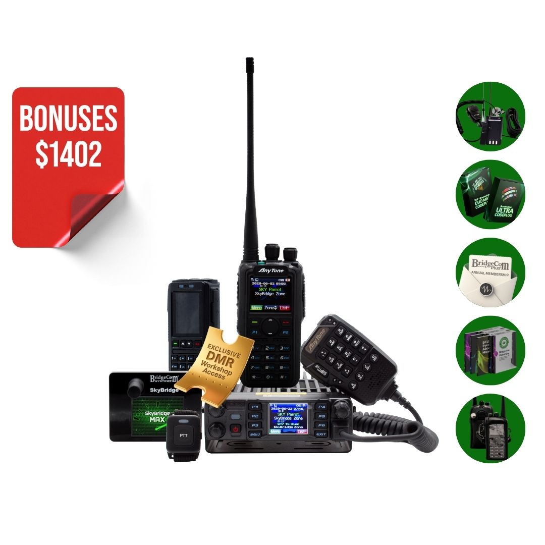 The Ultimate Ham Shack Pack includes handheld radios, a microphone, cables, antenna, programming devices, instruction manuals, and a “BridgeCom Programming” badge—everything you need for your ham radio setup.