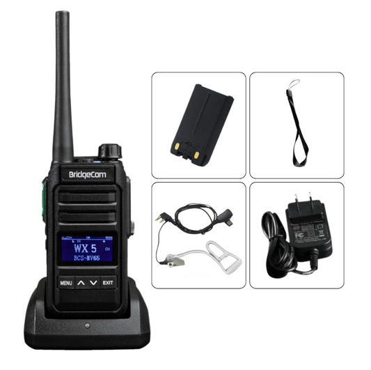 The BridgeCom MV-65 License FREE Business Radio is shown on its charging dock with battery, wrist strap, earpiece, and power adapter arranged neatly on a white background.
