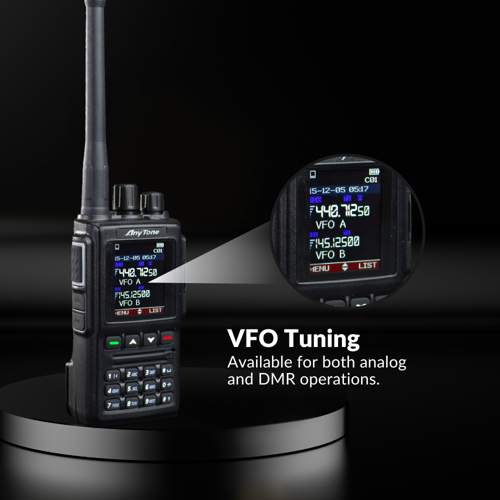 A NEW! 168 Plug and Play Package Deal handheld AnyTone AT-D168UV radio on a black circular stand displays VFO A/B settings and frequency on its screen, with text: "VFO Tuning available for both analog and DMR operations.
