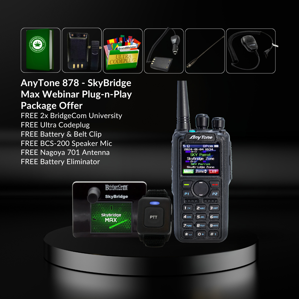 Promotional image of the AnyTone 878 - SkyBridge Max Webinar Plug-n-Play Package Offer, displaying a speaker mic, Dual-Band Digital Hotspot, and antenna against a dark background.