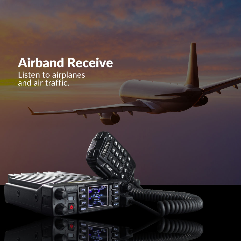 A handheld AnyTone 578UVIII PLUS Tri-Band Mobile Radio with a coiled microphone stands out. In the vibrant dusk sky, an airplane soars elegantly. Text reads: "Airband Receive—listen to airplanes and air traffic on DMR and analog communication. Get a $97 Training Course FREE!.