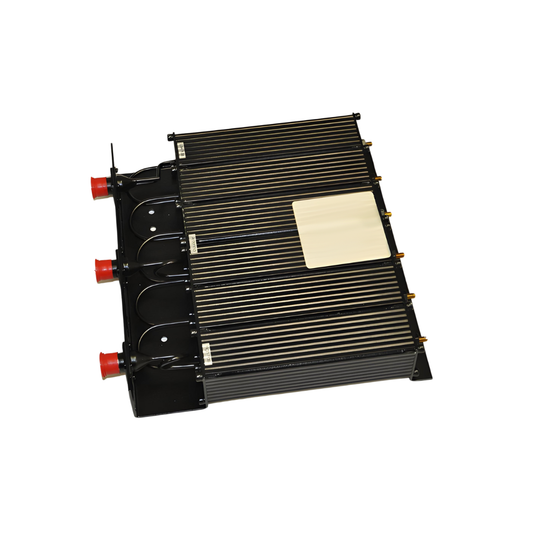 The BridgeCom Systems 150W UHF Compact Duplexer is a black metal unit with several parallel tubes and three red-capped pipe connections, designed for UHF communication and duplex isolation, pictured against a white background.