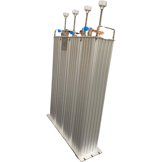 The BCD-144250 250W Duplexer is a tall, silver industrial unit with vertical fins, four white-topped valves, blue and copper pipes, and a sturdy base—ideal for 144-174 MHz amateur and commercial radio applications.