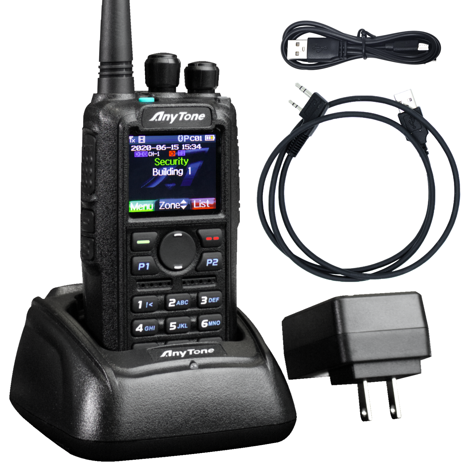 The Commercial AnyTone AT-D878UVII Plus, a dual-band DMR/analog radio by BridgeCom Systems, displays "Security Building 1" while in its charging dock. The package includes a USB cable, adapter, and power plug, and offers exceptional battery life with outstanding customer support for smooth operation.