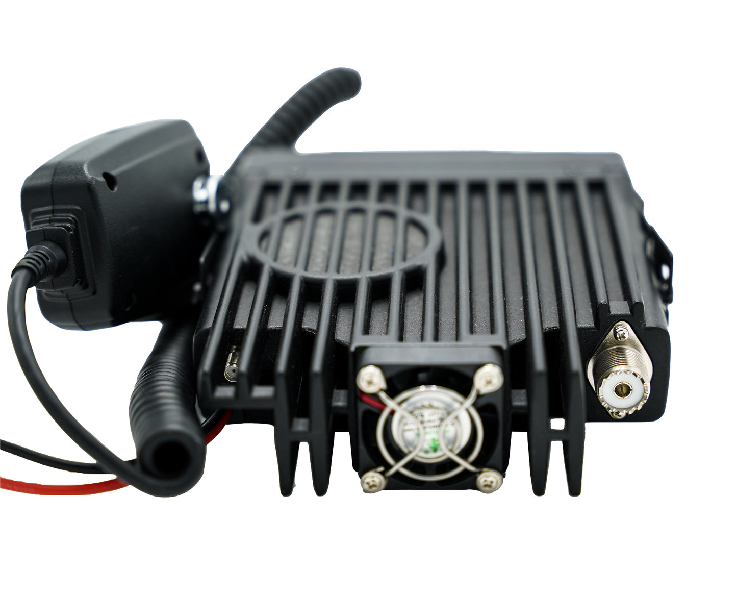 The AT-D578UVIII Plus Commercial Mobile Radio (GPS+BT) is a black, rectangular transceiver equipped with a coiled microphone, numerous ports, and a cooling fan on its front panel. It features a ribbed design for efficient heat dissipation and includes an antenna connector on the right side. This device supports DMR Repeater Roaming, enhancing its versatility in communication networks.
