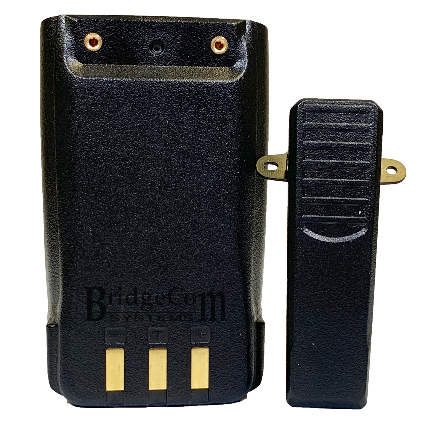 A black two-way radio battery pack with three gold contact points on the bottom and the brand "BridgeCom Systems" printed on the back, compatible with AnyTone HT. Located beside it is a black belt clip attachment secured by two gold screws to the battery pack, making it an ideal addition to your Handheld Accessories Kit.