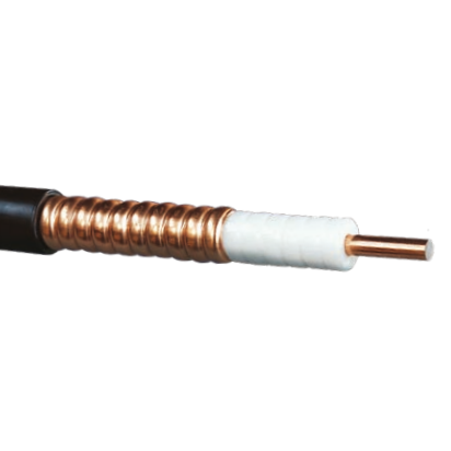Close-up of 400' of 1/2" Hardline N to PL-259 coaxial cable featuring a corrugated copper outer conductor, white insulation, central copper core, and black sheath—ideal for radio antenna connections.