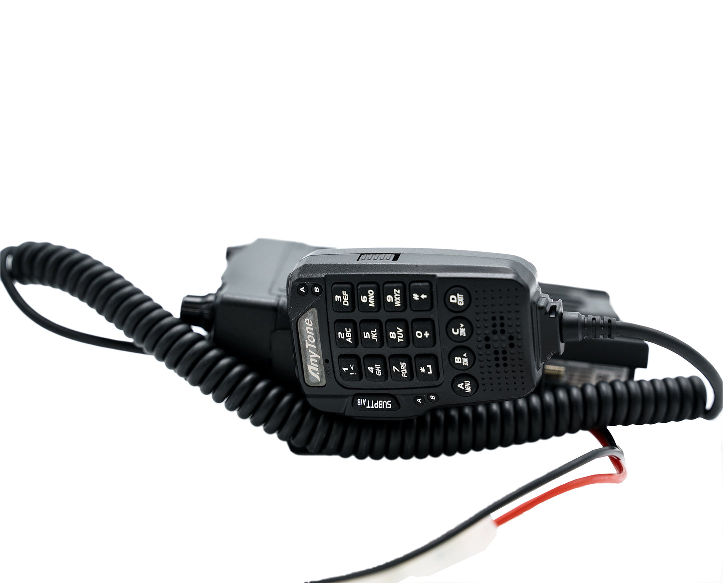 A black handheld radio labeled "AT-D578UVIII Plus Commercial Mobile Radio (GPS+BT)" with a coiled cord featuring red and white wires at the end. The device showcases an array of buttons and controls on the front for communication purposes and includes advanced features like DMR Repeater Roaming.