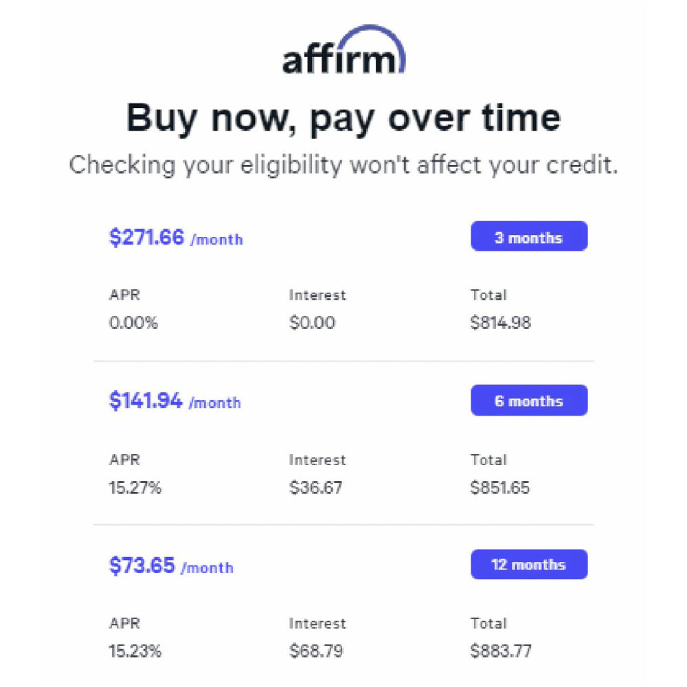 A screenshot of Affirm payment options for the AnyTone AT-D878UVII Plus with SkyBridge MAX Hotspot shows 3, 6, or 12 monthly payments—with varying APR and total costs: $271.66, $141.94, or $73.65 per month.