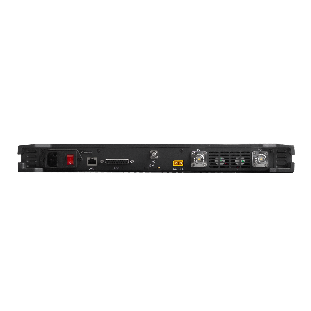 Rear view of the BridgeCom BCR-GMRS UHF GMRS Repeater System showing LAN, AC, SIM card slot, dual RF connectors, on/off switch, cooling vents; FCC Part 95E certified for reliable communication.