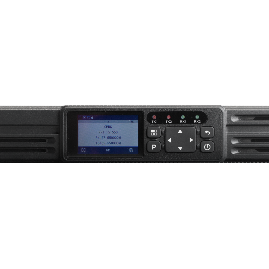A close-up of the BCR-GMRS Repeater & Duplexer Power Bundle panel shows a display with frequency settings, multiple buttons, and indicator lights—FCC Part 95E certified for GMRS repeater use.