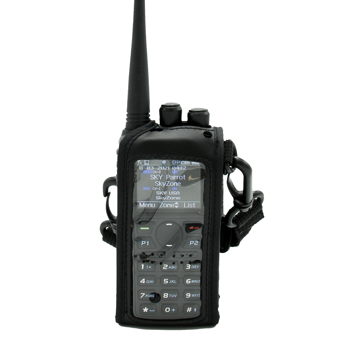 The handheld two-way radio device, encased in a Heavy Duty AnyTone 868/878 Protective Case, features a display screen that shows various channels such as "SKY Parrot" and "Skyzone." The black device has a keypad with numbers and letters, multiple buttons, and a long antenna. It comes with a belt clip for added convenience.