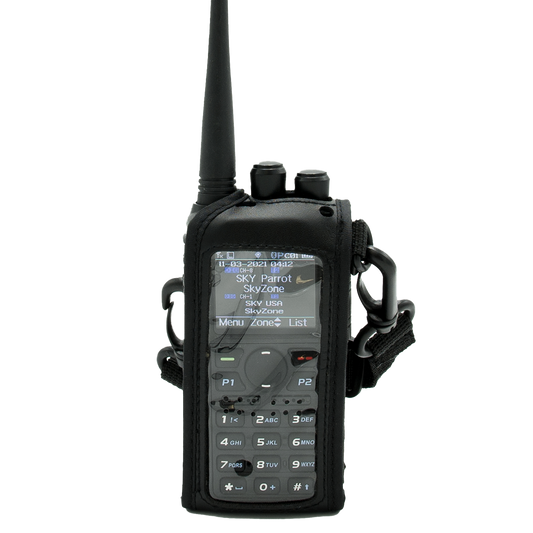 The handheld two-way radio device, encased in a Heavy Duty AnyTone 868/878 Protective Case, features a display screen that shows various channels such as "SKY Parrot" and "Skyzone." The black device has a keypad with numbers and letters, multiple buttons, and a long antenna. It comes with a belt clip for added convenience.