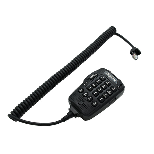The AnyTone AT-D578UV Series Replacement Mic is a black handheld microphone featuring a coiled cord and a numeric keypad with buttons numbered 0-9, along with additional function keys. The cord terminates in an RJ-45 connector, making it ideal for use with Tri-Band Amateur DMR Mobile Radios or other communication equipment such as CB radios or ham radios.